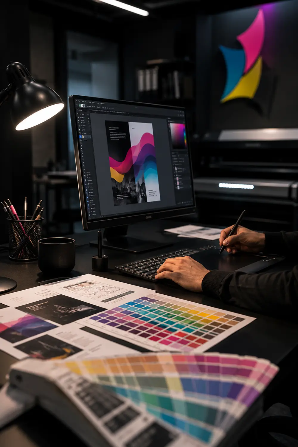 Mesa de trabajo con colores pantone y una mujer escogiendo los colores